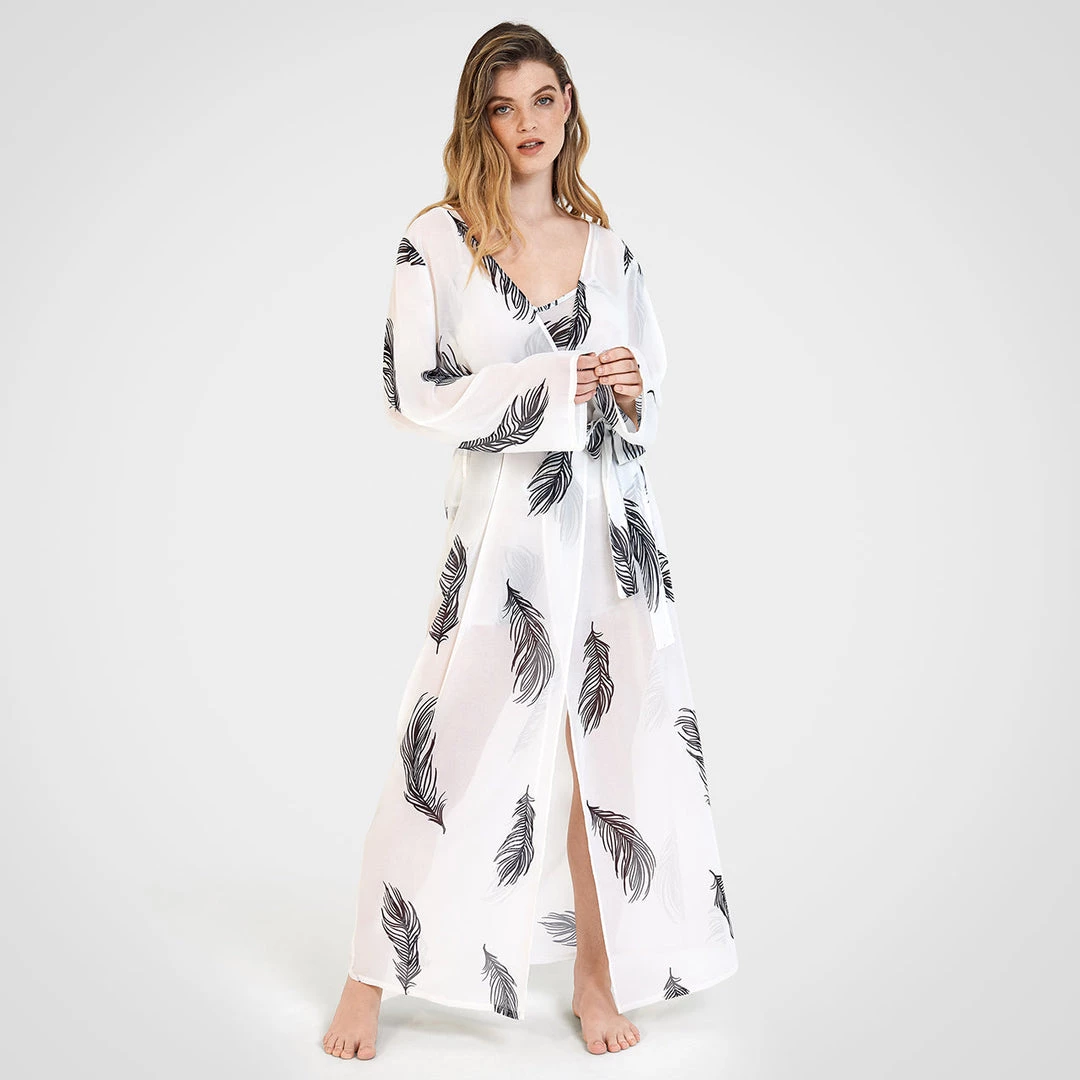 Bluebella - US Laurel Long Kimono White/Black Nightwear 1 Bluebella - US Laurel Long Kimono White/Black Nightwear